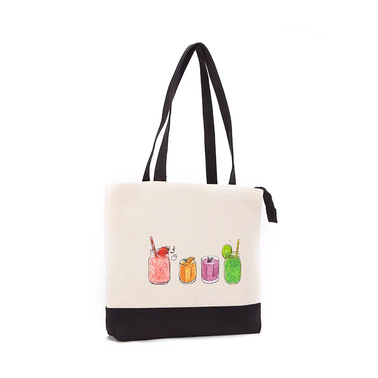 Custom printing foldable cotton canvas shoulder bag with zipper