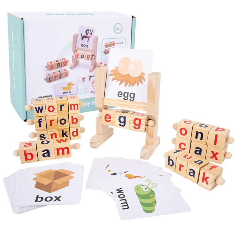 QINGTANG-piezas de madera para manualidades, juego de escritura con letras, marco de palabras en inglés, con tarjetas