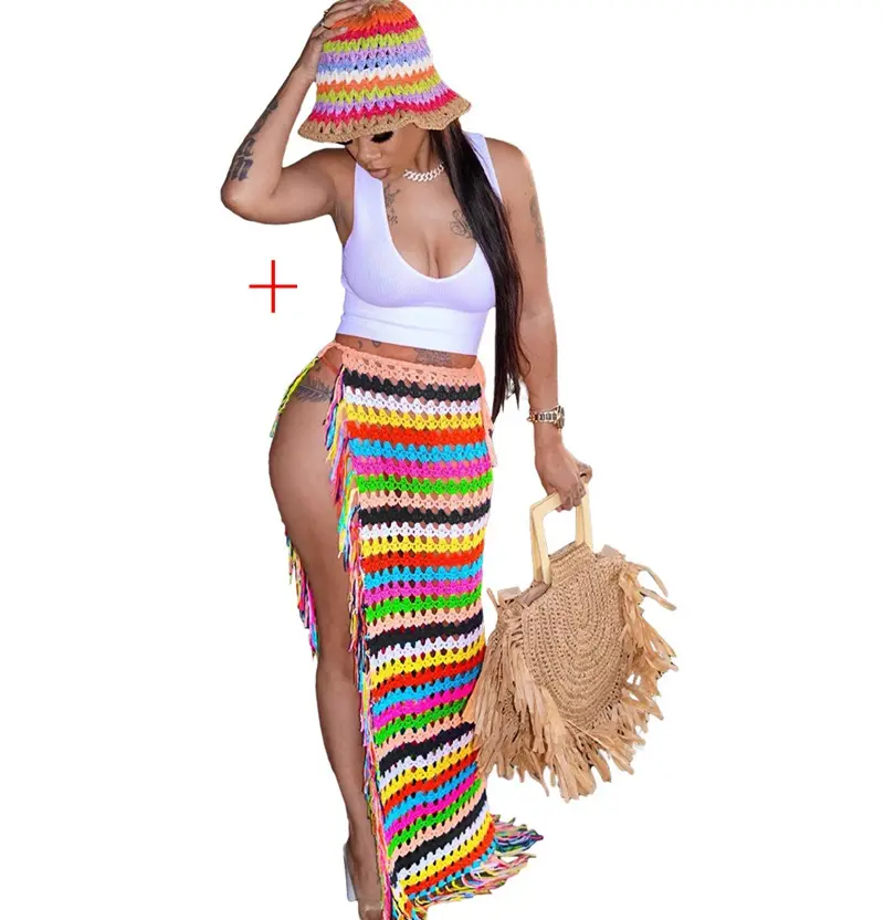 Y306014 Verão Praia Desgaste Crochet bandage slip Coberturas Saia com chapéu set Swimwear Tassel Malha Saias Longas para as mulheres