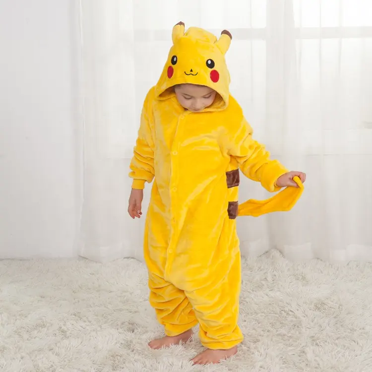 Pokem-on Pika 따뜻한 플란넬 홈웨어 어린이 가을과 겨울 부드러운 Onesie 코스프레 동물 까마귀 잠옷 부모-자식 소녀 잠옷