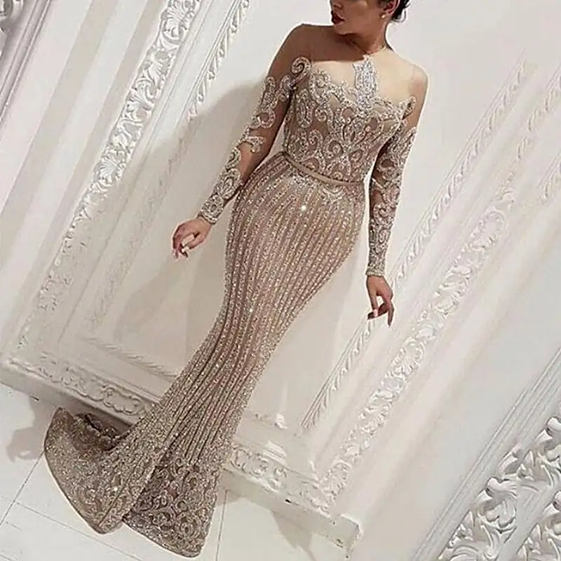 2XL taglie forti abiti da sera eleganti da donna abiti da sposa a manica lunga festa Maxi abito da sera con paillettes