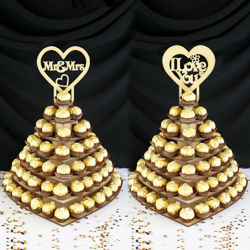 Décorations de fête de mariage bricolage en bois 7 couches présentoir à gâteaux en bois 3D en forme de coeur présentoir au chocolat pour décorations de mariage