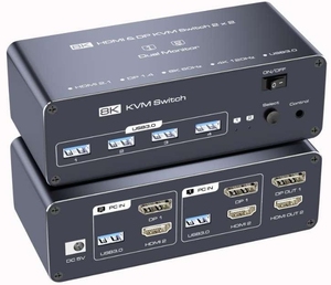 <strong>KVM</strong> <strong>Switch</strong> Supports Triple Monitors at 8K 60Hz Enabling Two Computers Along with up to USB Devices in an Extended Desktop - Product Image 1
