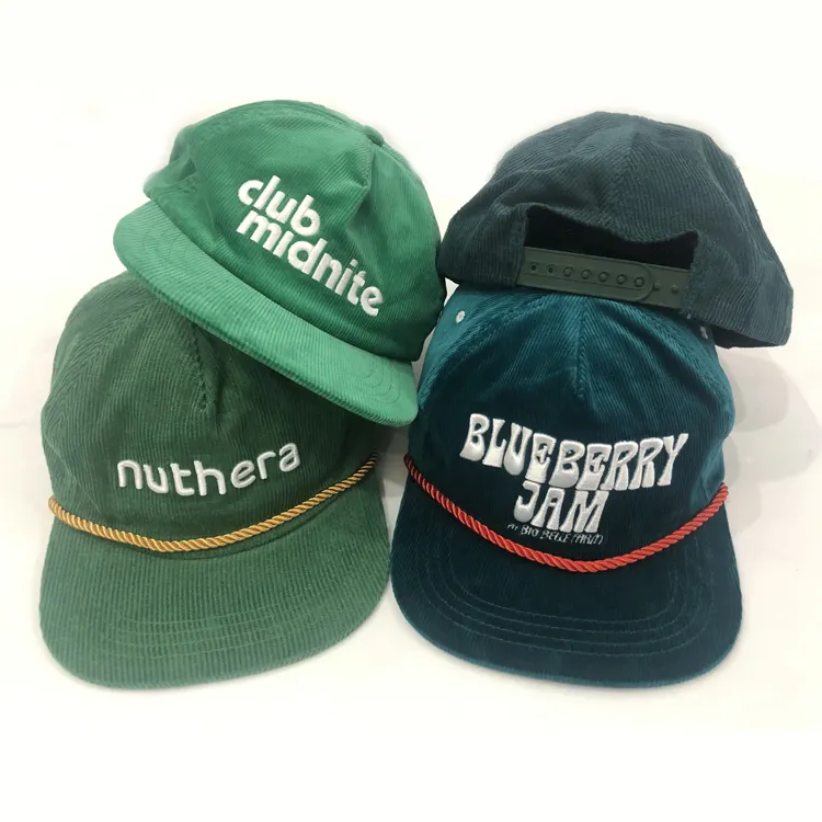 Custom Logo Retro Flat Bill Kids Men Dad Hats 3d Embroidery Vintage 5 Panel Cap Snap Back Rope Corduroy Snapback Hat
