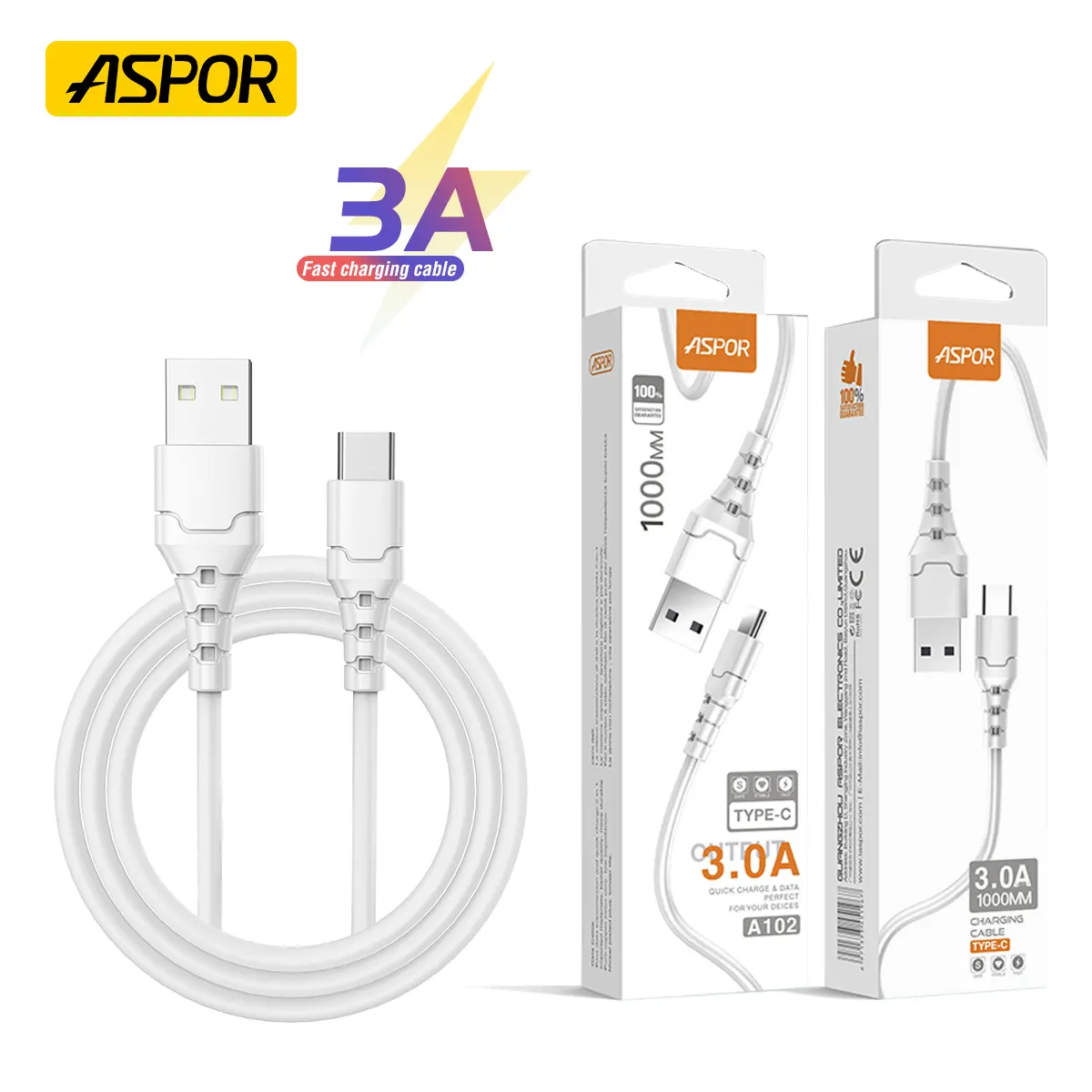 ASPOR-cable de datos A100 3A para teléfono móvil, cable de datos micro usb de carga rápida con caja de embalaje para samsung, android, tipo c, iphone