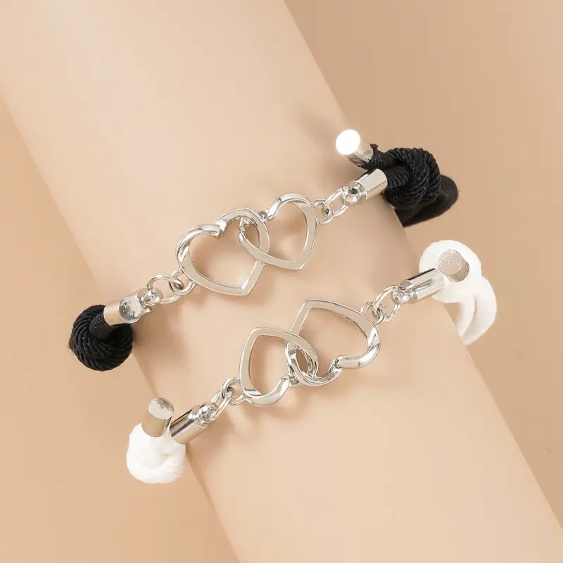 Cuerda trenzada de doble corazón para parejas, brazalete ajustable, amistad, amor, doble Corazón, color blanco y negro, A la moda