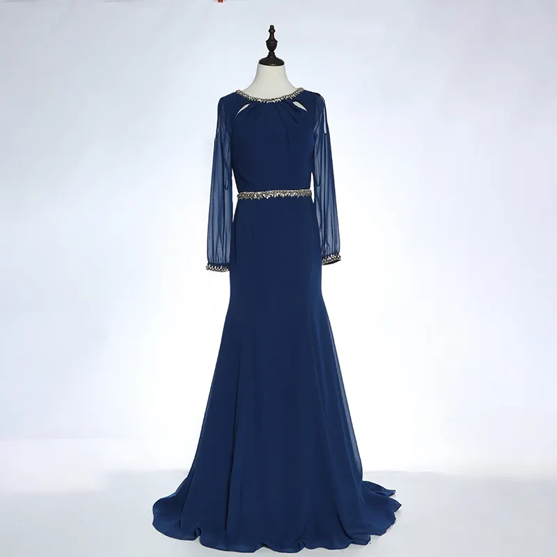 ODM party blue beaded chiffon woman elegant long gown evening dress