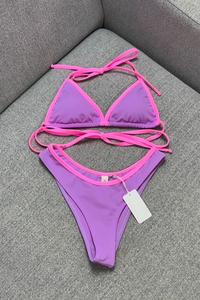 Logotipo personalizado 2025 Conjuntos de Bikini triangular de dos piezas Traje de baño con estampado de colores en contraste Ropa de playa de encaje Cadena de diseñador personalizada - Product Image 5