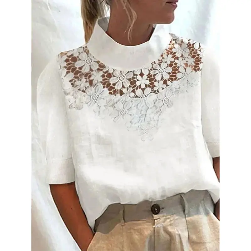 Blusa casual vintage de verão com top branco, blusa de renda feminina de algodão e linho chique com gola de lazer