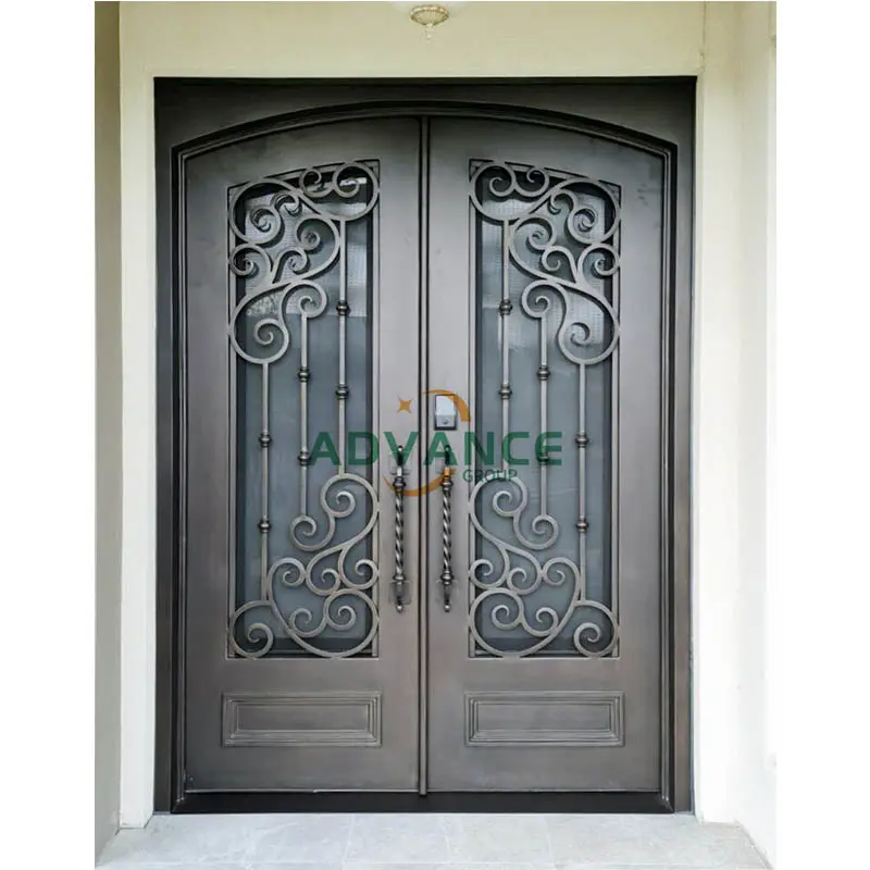 Fabricante de China Puerta de vidrio de hierro exterior doble moderna diseña puerta de hierro forjado