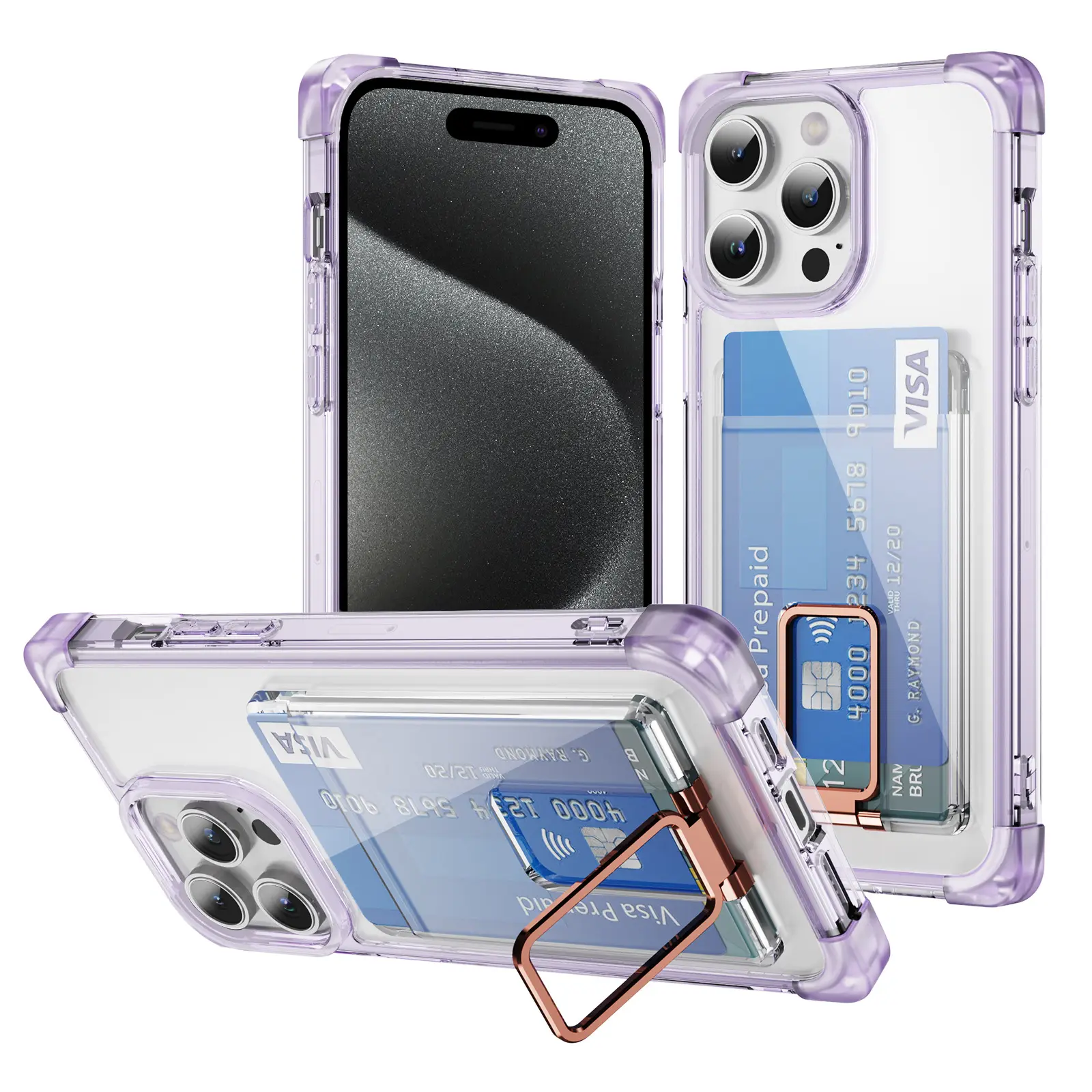 Custodia in acrilico duro e trasparente con Slot per carte a portafoglio per iPhone 15 14 13 Pro Max Cover per telefono cellulare con supporto ad anello