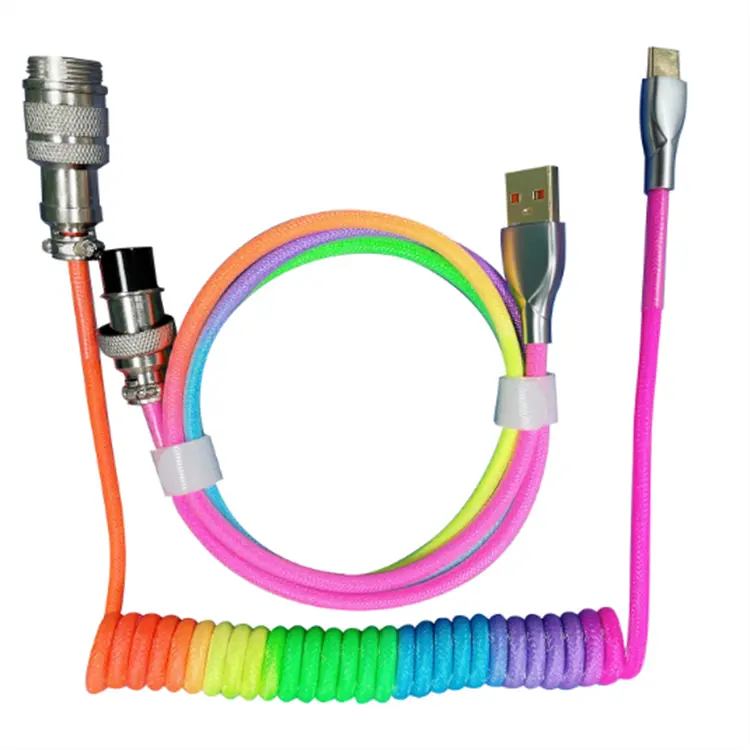 Cable de nailon trenzado personalizado, espiral rizado tipo c para teclado mecánico, Cable de datos luminoso RGB