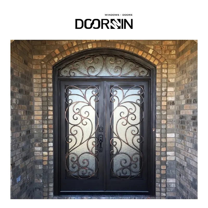 Doorwin antirrobo Securityr Entrada frontal moderna Puerta de vidrio de hierro forjado Exterior Frontal Doble entrada Acero negro Doo