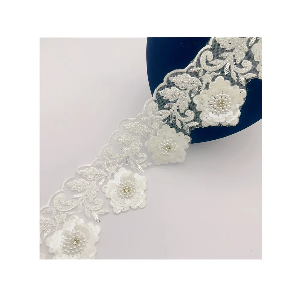 10cm rộng Polyester chất lượng cao ưa thích thêu sequin Bridal đính cườm ren TRIM cho Diy