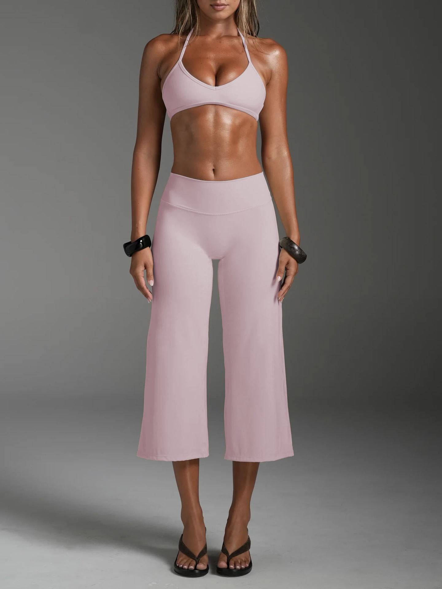 Yy244 top rosa melocotón + pantalón corto de pierna ancha