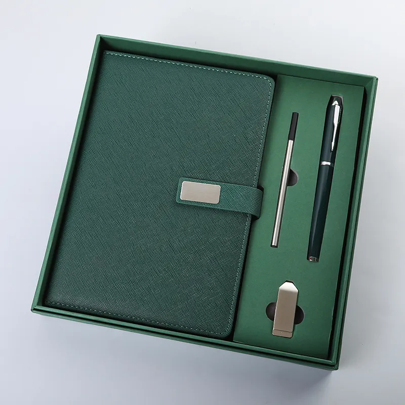 Caixa térmica para presente de negócios, capa de couro macio personalizada com caneta e driver USB, item promocional de luxo para presente