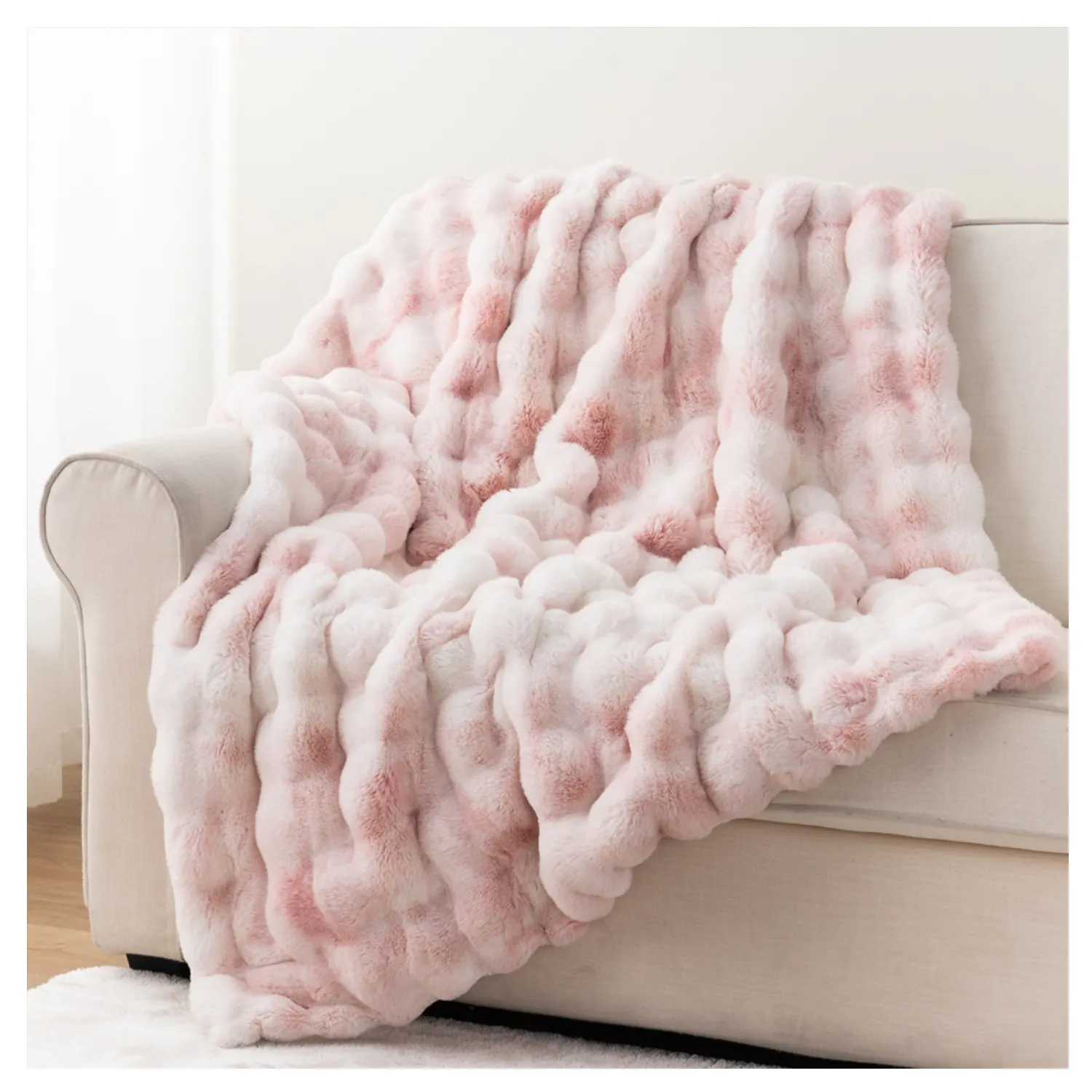 Luxury Tie Dye Pink Bubble Double Sided Soft Faux Rabbit Fur Minky Home Decor Throw Blankets Adult Snuggle Cushions for winter