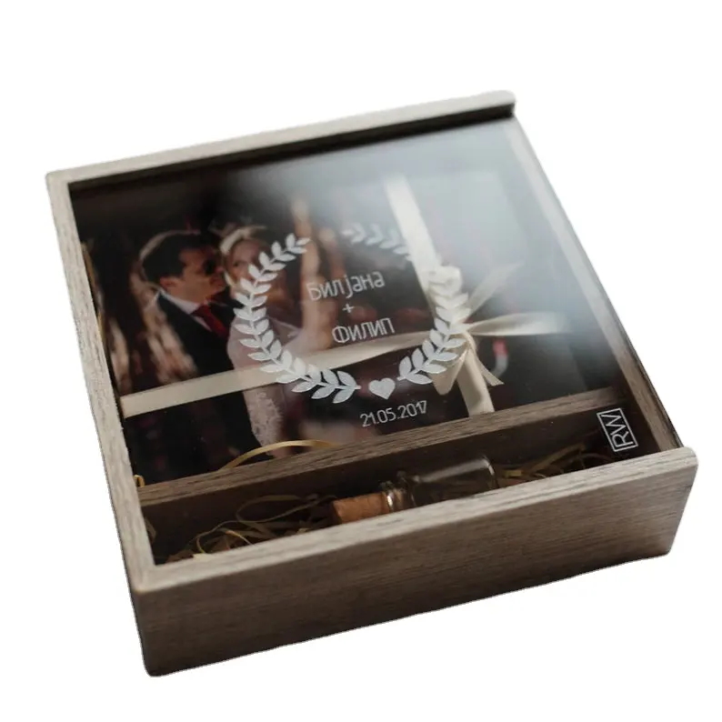 Caja DE FOTOS USB de madera con logotipo grabado personalizado, caja de madera para regalo de fotografía de boda