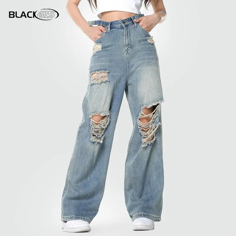 Pantalones de mezclilla de pierna ancha con agujero roto de algodón con logotipo de Color sólido personalizado de alta calidad para mujer