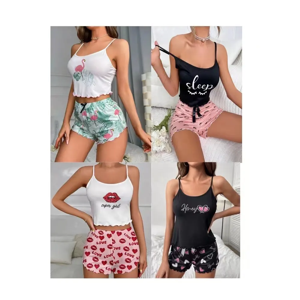 OEM-Mode Spaghettiträger Damen-Pygjamas Buchstaben Grafik bedruckte kurze Pyjamas Nachtkleid für Damen lässige Nachtwäscheanzug