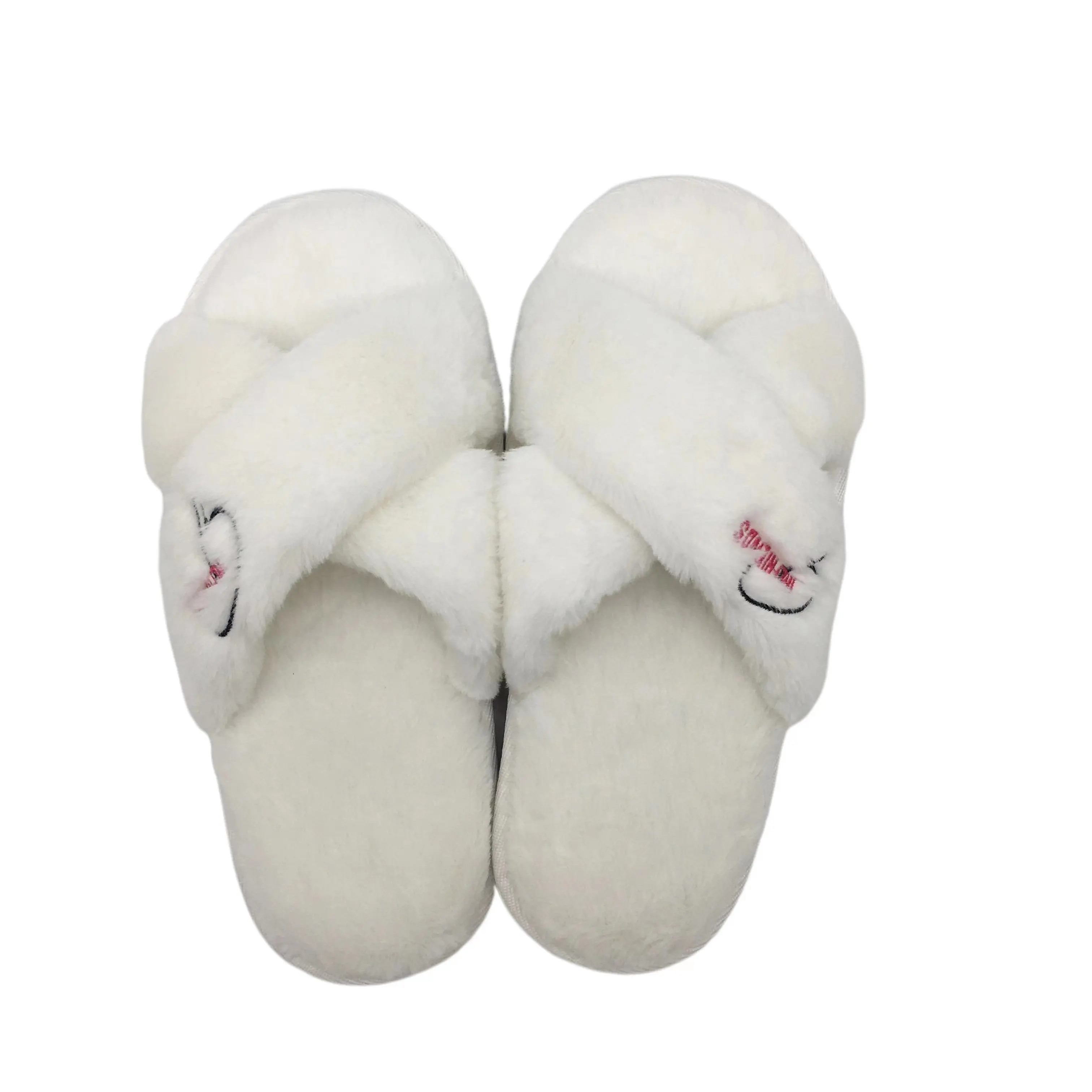 OEM cozy slippers Winter Plush Furry Cross Band Open Toe Indoor slipper embroidery logo Warm Fur Women Cozy Slippers