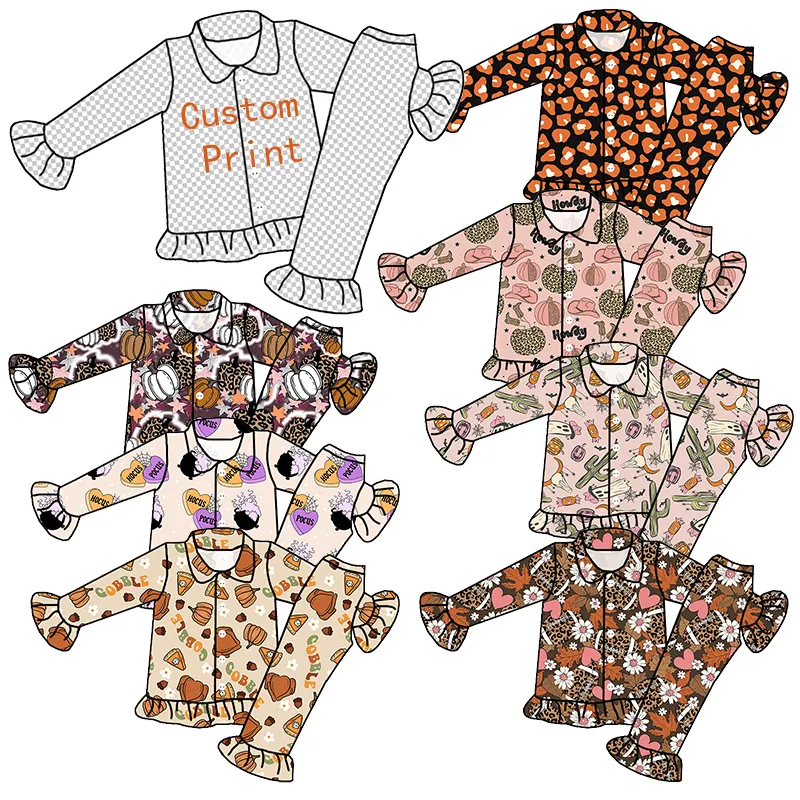 Trendy 2023 Children clothing Halloween Fall Custom bamboo Girls Two pieces Kids Button up pajamas sets