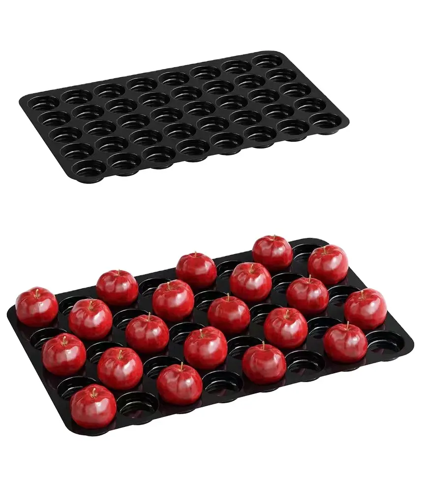 Bandeja de exibição de frutas de supermercado de plástico preto personalizada, prateleira de frutas com divisória fixa, bandeja inferior