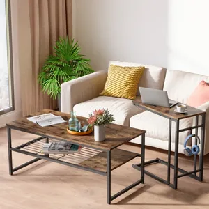 <strong>Rectangular</strong> Two-tier Coffee <strong>Table</strong> Designed With Metal Net and Wood Board, <strong>Nesting</strong> <strong>Table</strong> Comes With a Sofa Side <strong>Table</strong> - Product Image 1