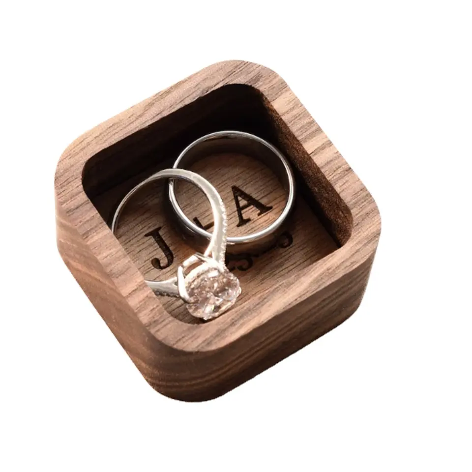 Kotak perhiasan kayu nampan cincin kayu mikro pribadi perhiasan piring terukir kotak cincin persegi hadiah pernikahan pribadi