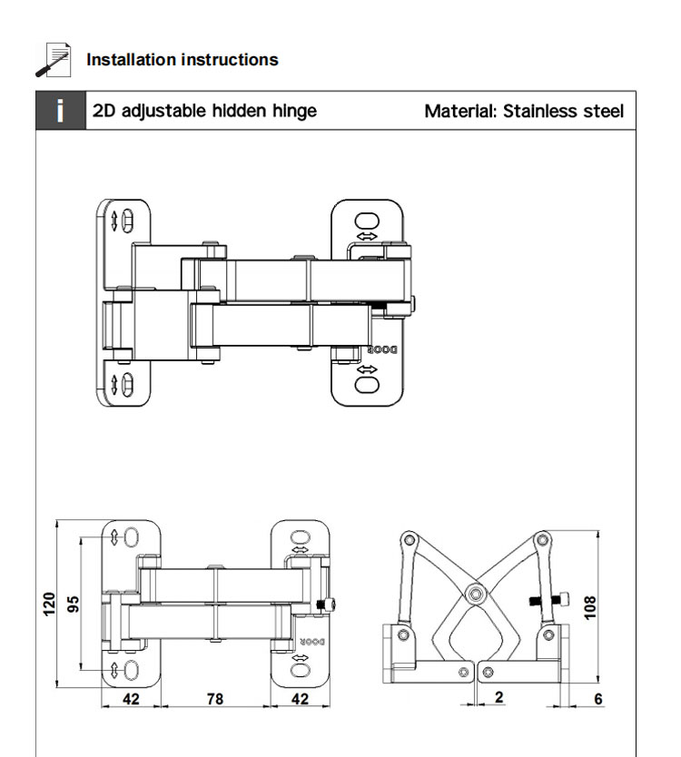 Doorplus 150kg 2D Concealed Invisible Adjustable Stainless Steel Heavy Duty Hidden Hinge