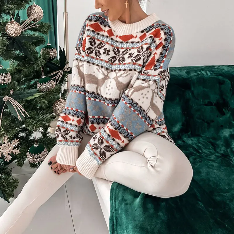 2023 Benutzer definierte Damen bekleidung Plus Size Herbst Winter Weihnachten Strick pullover Langarm Lose Vintage Print Damen pullover
