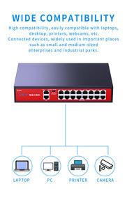Hkn 16CH 1000Mbps 52V สวิตช์ไฟ16พอร์ต POE พร้อมพอร์ต SFP 2พอร์ตสำหรับกล้องวงจรปิด - Product Image 2