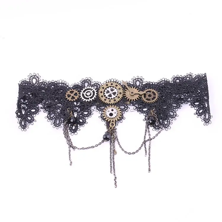 Steampunk – collier ras du cou gothique Lolita en dentelle noire avec engrenages