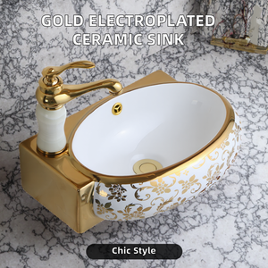 Sang trọng gốm phòng tắm bồn rửa Countertop sang trọng Electroplated Vàng rửa nghệ thuật lưu vực với vòi nước mạ Vàng thủy tinh Vanity lưu vực hiện đại - Product Image 3