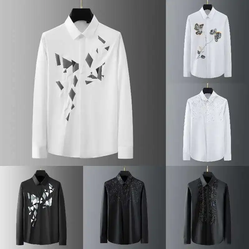 Camisa de negocios de moda de gran tamaño para hombre, camisa de poliéster personalizada con pintura de tinta personalizada, camisa formal de manga larga para hombre