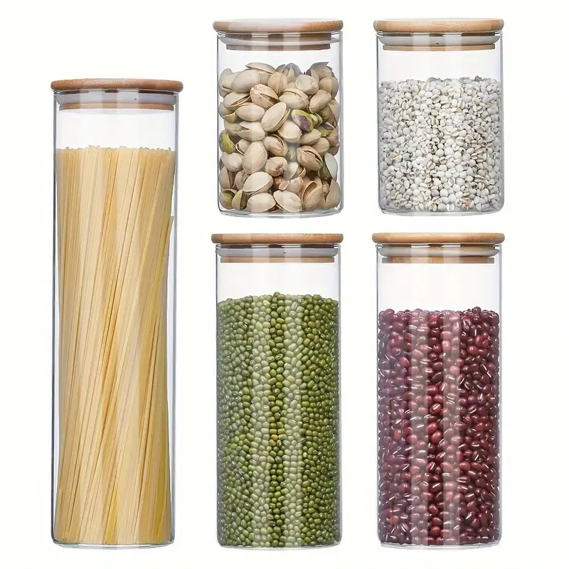 5 개/세트 쌓을 수있는 주방 투명 유리 식품 보관 용기 세트 캔디 쿠키 용 밀폐 대나무 뚜껑 쌀 설탕