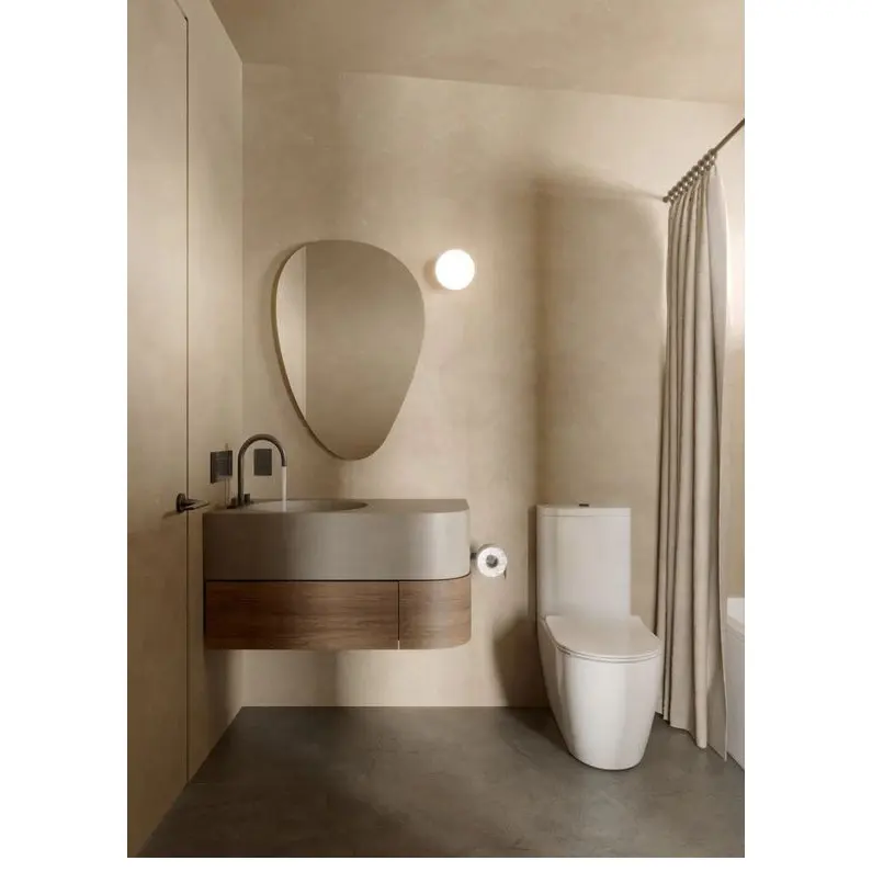 Новый дизайн, искусственная деревянная зернистая современная домашняя ванная комната, изогнутый туалетный столик с зеркальными идеями, деревянные шкафы из шпона