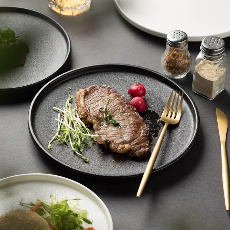 Conjunto de louça de Natal para jantar, talheres de grés, pratos de cor preta, conjunto de louça para buffet e restaurante