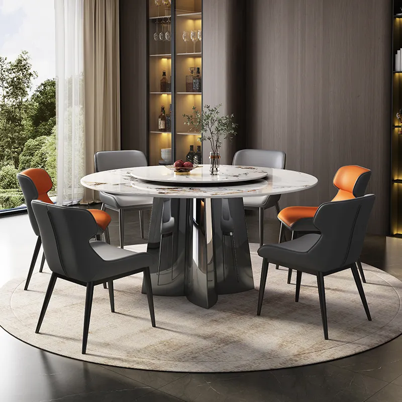Juego de mesa de comedor italiano Muebles de alta calidad con patas de acero inoxidable dorado mesa de comedor de mármol circular