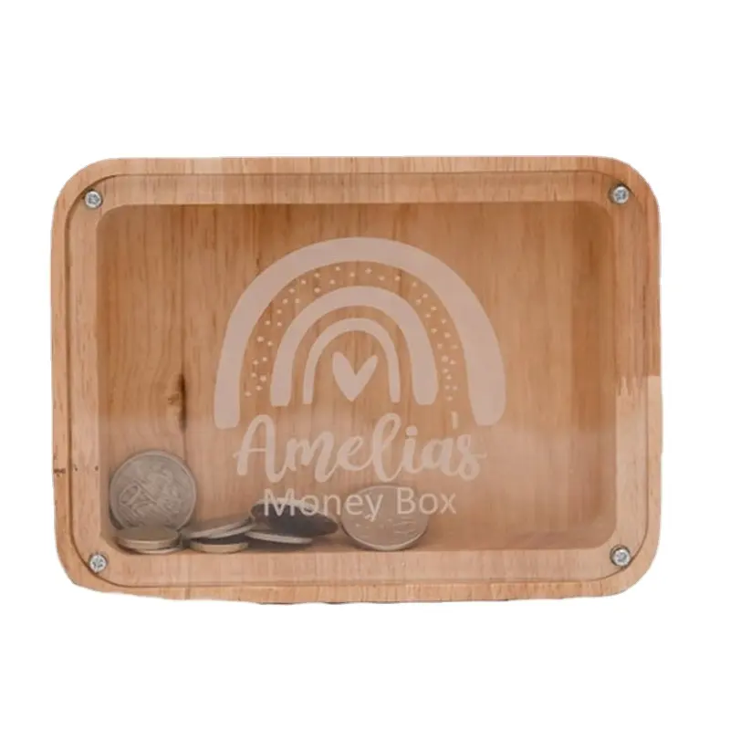 Hucha de vidrio transparente con logotipo personalizado, hucha de madera con letras inglesas