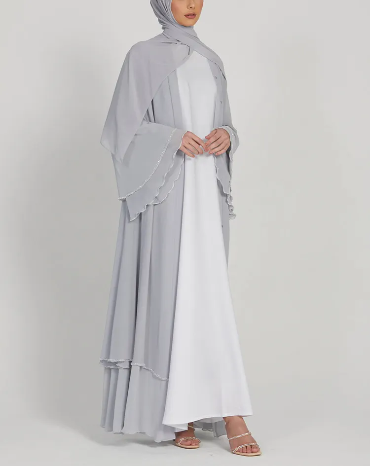 New Arrival Wear Muslim Dress Open Abaya With Inner Dress Solid Chiffon Islamic Dark Blue Luxury Clothing Women Dress