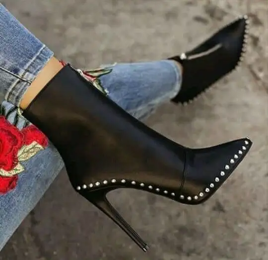 Ботильоны с шипами для женщин, черные элегантные стильные женские кожаные ботинки на высоком каблуке