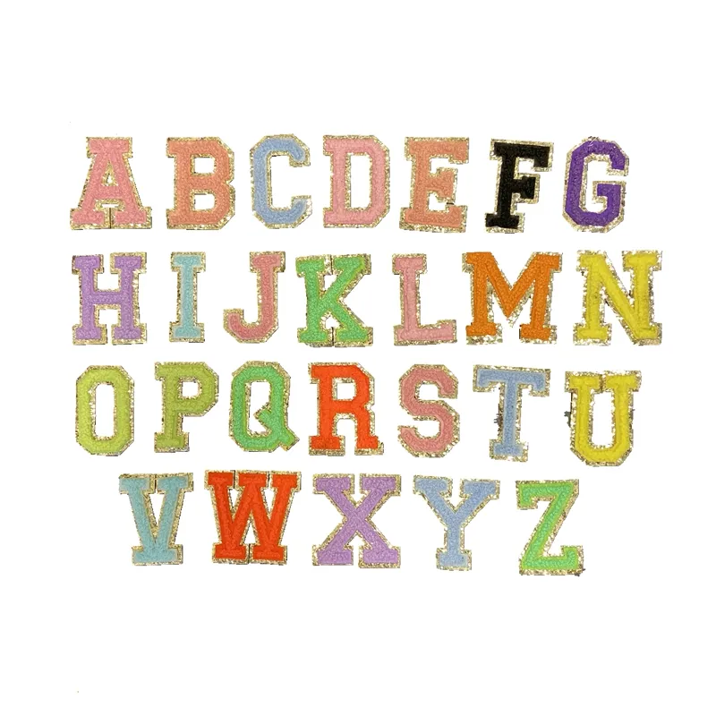 Novo 3D Colorido A-Z 26 Letras Glitter Chenille Bordado Patches Ferro em Letras Alfabeto Bordado Applique DIY Tecido