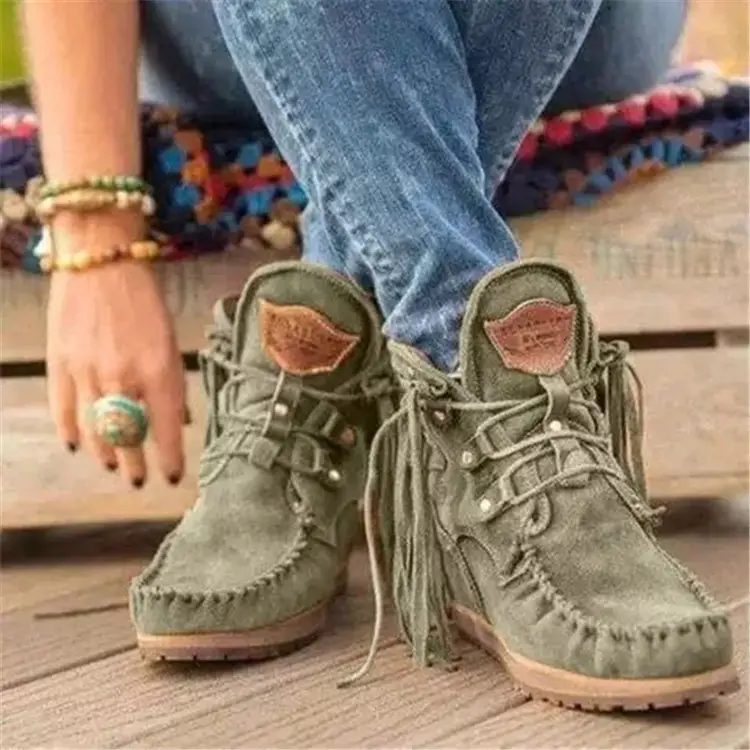 Botas de Invierno para mujer, botines planos de tacón bajo con flecos de ante y punta redonda, botas de combate planas Retro de vaquero