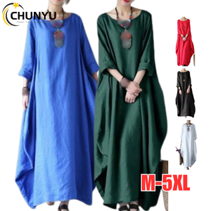 Vestido largo de algodón para mujer talla grande verano otoño Lino suelto manga larga oversize blanco rojo azul vestidos bohemios
