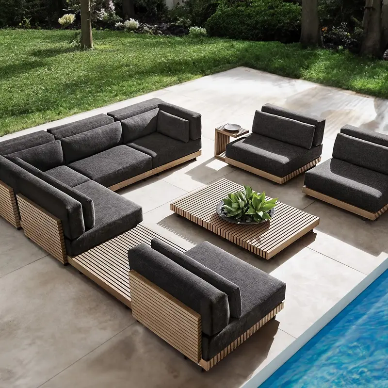 Muebles de exterior para todo tipo de clima, conjunto de sofá de teca de madera para Villa, sofá de jardín privado, sofá de teca para patio al aire libre de hotel