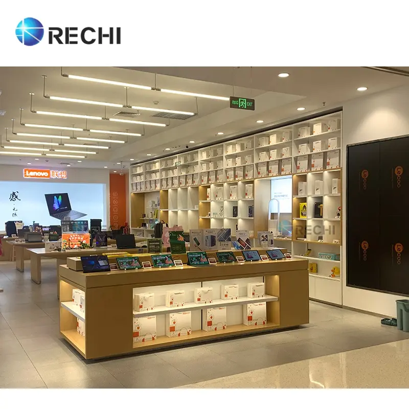 RECHI-Mesa de exhibición personalizada para Tienda Móvil, accesorio de pared, estante de exhibición para diseño de tienda de teléfono y ajuste