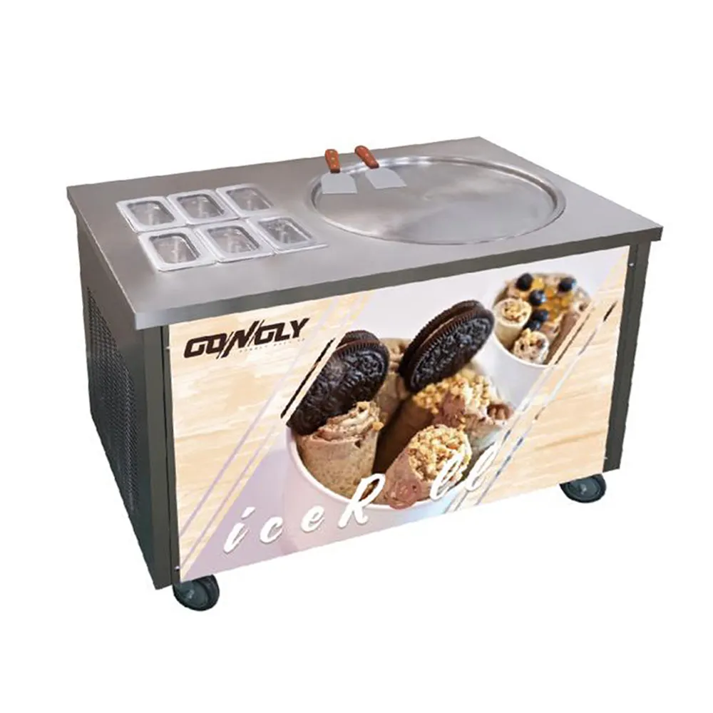 -Machine à crème glacée frite à 30 degrés, Machine à crème glacée en rouleau thaïlandais avec SIx réservoirs à 10 degrés et réfrigération