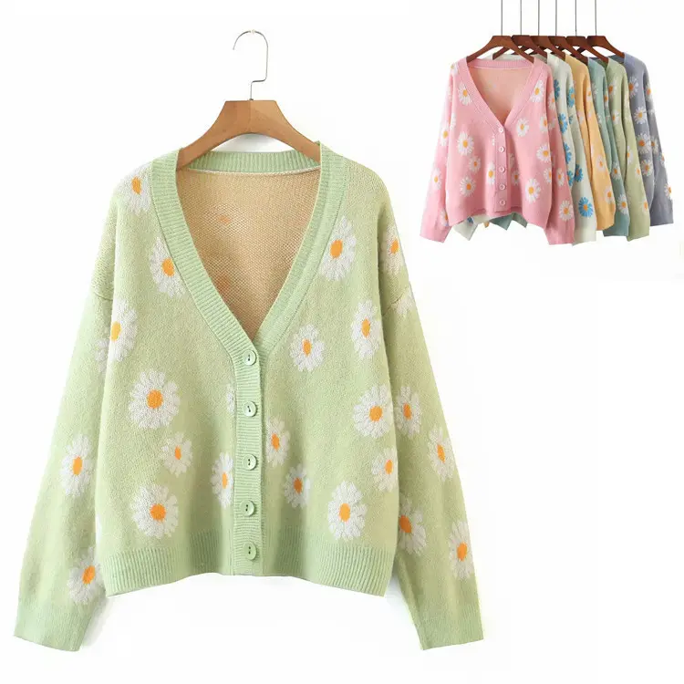 Maglione cardigan daisy cardigan con scollo a v floreale da donna in maglia jacquard con motivo logo personalizzato