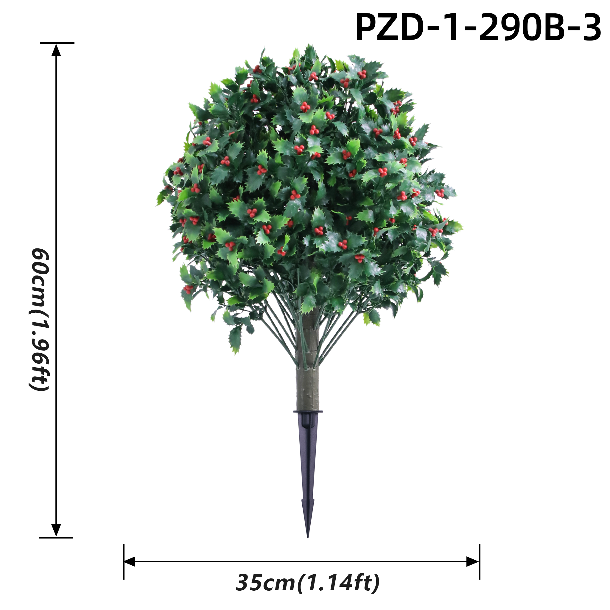 Green Artificial Holly Round Sphere With Berries Insert Stake